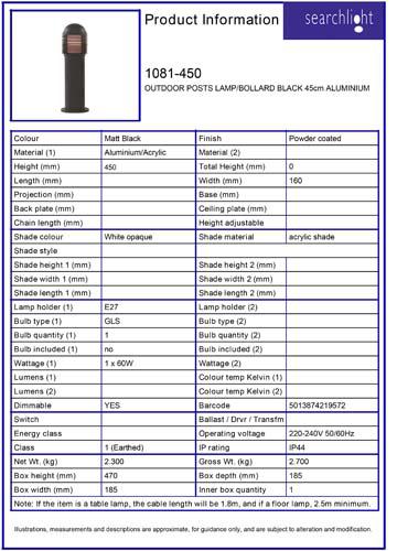 Vignette 3 produit Ref : 1081-450 | OUTDOOR borneS LAMP/Borne NOIR 45cm ALUM