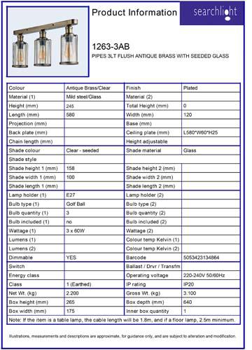 Vignette 3 produit Ref : 1263-3AB | PIPES 3LT Plafonnier Laiton antique avec