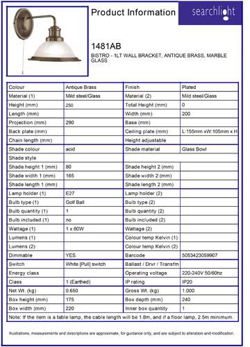 Vignette 3 produit Ref : 1481AB | BISTRO - 1LT APPLIQUE SUPPORT MURALE, La