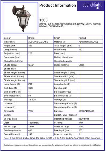 Vignette 3 produit Ref : 1563 | CAPRI - 1LT OUTDOOR W/BRACKET DESCENDANT