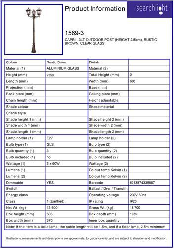 Vignette 3 produit Ref : 1569-3 | CAPRI - 3LT OUTDOOR POST (HEIGHT 235cm),