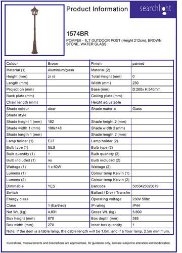Vignette 3 produit Ref : 1574BR | POMPEII - 1LT OUTDOOR POST (Height 212cm