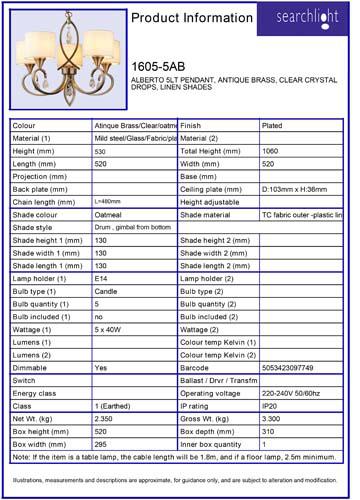Vignette 3 produit Ref : 1605-5AB | ALBERTO 5LT Suspension, Laiton antique,