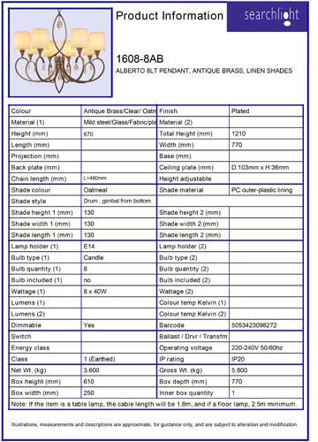 Vignette 3 produit Ref : 1608-8AB | ALBERTO 8LT Suspension, Laiton antique,