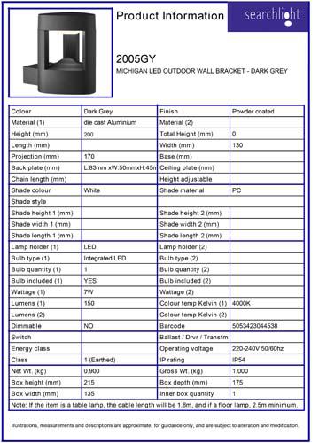 Vignette 3 produit Ref : 2005GY | MICHIGAN EXTERIEUR LED APPLIQUE SUPPORT