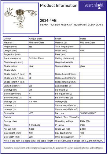 Vignette 3 produit Ref : 2634-4AB | SIERRA -  4LT SEMI-Plafonnier, Laiton an