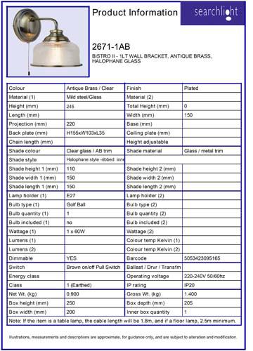 Vignette 3 produit Ref : 2671-1AB | BISTRO II - 1LT APPLIQUE SUPPORT MURALE,
