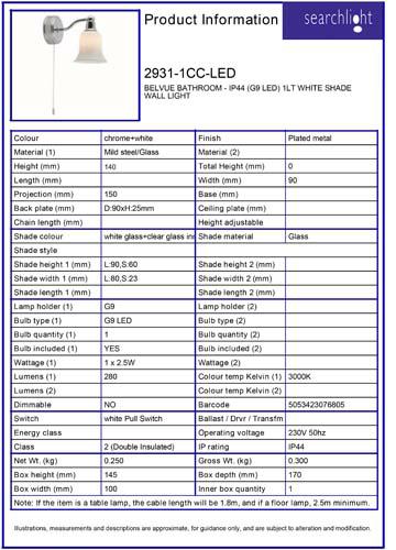 Vignette 3 produit Ref : 2931-1CC-LED | EQUADOR BATHROOM - IP44 (G9 LED) 1LT ABA