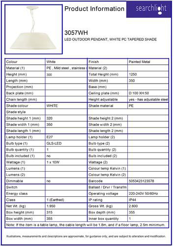 Vignette 3 produit Ref : 3057WH | LED OUTDOOR PENDANT, WHITE PC TAPERED SH