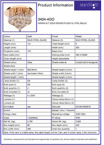 Vignette 3 produit Ref : 3404-4GO | HANNA 4LT dore ROUND Plafonnier CL XTAL