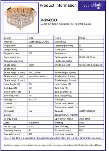 Vignette 3 produit Ref : 3408-8GO | HANNA 8LT dore ROUND Plafonnier CL XTAL