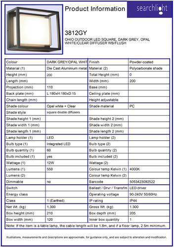 Vignette 3 produit Ref : 3812GY | OHIO OUTDOOR LED SQUARE, DARK GREY, OPAL