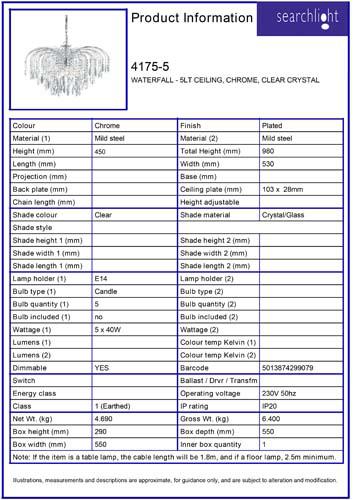 Vignette 3 produit Ref : 4175-5 | WATERFALL - 5LT CEILING, CHROME, Cristal