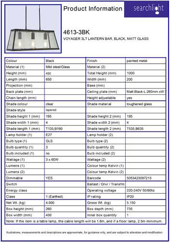 Vignette 3 produit Ref : 4613-3BK | VOYAGER 3LT LANTERN BAR, NOIR, MATT Verr