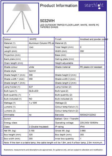 Vignette 3 produit Ref : 5032WH | LED OUTDOOR TRIPOD FLOOR LAMP, WHITE, WH