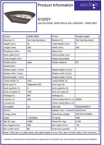 Vignette 3 produit Ref : 5122GY | EXTERIEUR LED SEMI-CIRCLE APPLIQUE SUPP