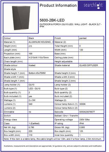 Vignette 3 produit Ref : 5600-2BK-LED | OUTDOOR & PORCH (GU10 LED)  Applique - N