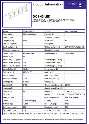 Vignette 3 produit Ref : 5601-05-LED | TRACK & SPOT 5LT LED CABLE KIT, ADJUSTAB