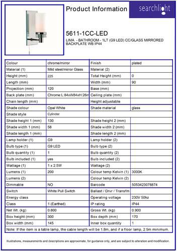 Vignette 3 produit Ref : 5611-1CC-LED | LAMBETH- BATHROOM - 1LT (G9 LED) CC/Verr