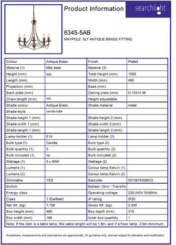 Vignette 3 produit Ref : 6345-5AB | MAYPOLE 5LT Laiton antique FITTING