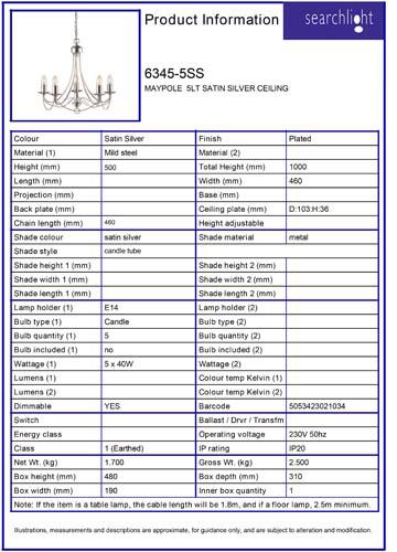 Vignette 3 produit Ref : 6345-5SS | MAYPOLE  5LT SATIN Argent CEILING