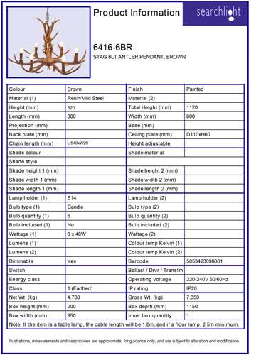 Vignette 3 produit Ref : 6416-6BR | STAG 6LT ANTLER Suspension, BROWN