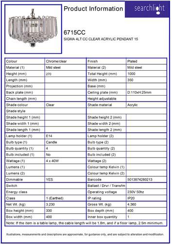 Vignette 3 produit Ref : 6715CC | SIGMA 4LT CC CLEAR ACRYLIC PENDANT 15