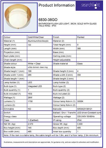 Vignette 3 produit Ref : 6830-38GO | BATHROOM Plafonnier LED LIGHT, 38CM, dor