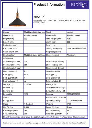 Vignette 3 produit Ref : 7051BK | WONG Suspension ,1LT CONE, dore Interieu