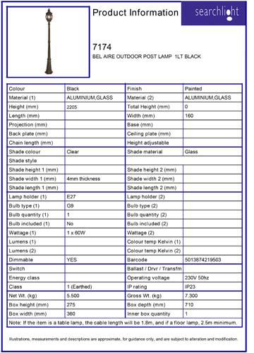 Vignette 3 produit Ref : 7174 | BEL AIRE OUTDOOR borne LAMP  1LT NOIR