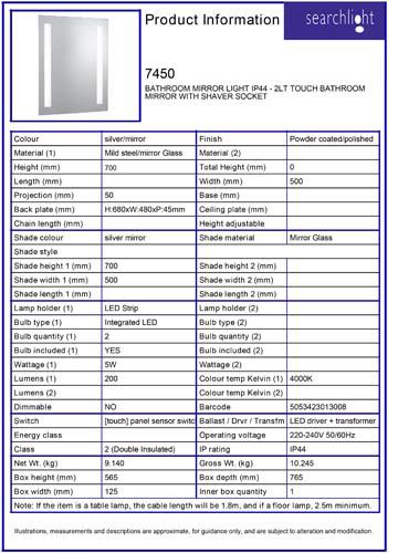 Vignette 3 produit Ref : 7450 | BATHROOM MIRROR LIGHT IP44 - 2LT TOUCH B