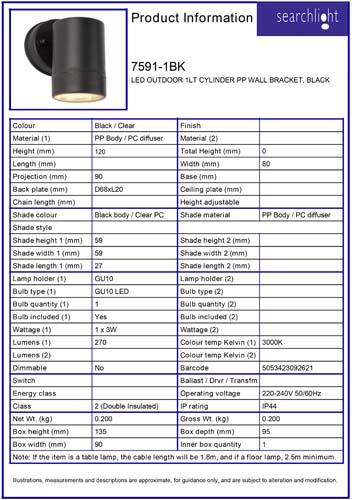Vignette 3 produit Ref : 7591-1BK | EXTERIEUR LED 1LT CYLINDER PP APPLIQUE S