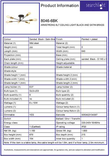 Vignette 3 produit Ref : 8046-6BK | ARMSTRONG 6LT CEILING LIGHT NOIR ET lait