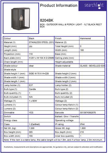 Vignette 3 produit Ref : 8204BK | BOX - OUTDOOR WALL & PORCH  LIGHT - 1LT