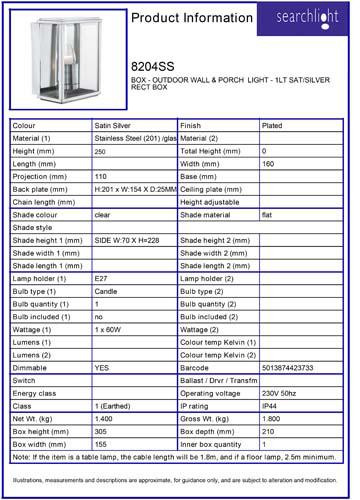 Vignette 3 produit Ref : 8204SS | BOX - OUTDOOR WALL & PORCH LIGHT - 1LT