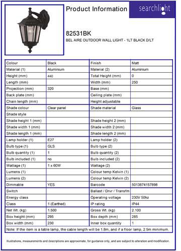 Vignette 3 produit Ref : 82531BK | BEL AIRE OUTDOOR Applique - 1LT NOIR D/L