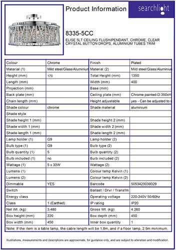 Vignette 3 produit Ref : 8335-5CC | ELISE 5LT CEILING Plafonnier/Suspension,