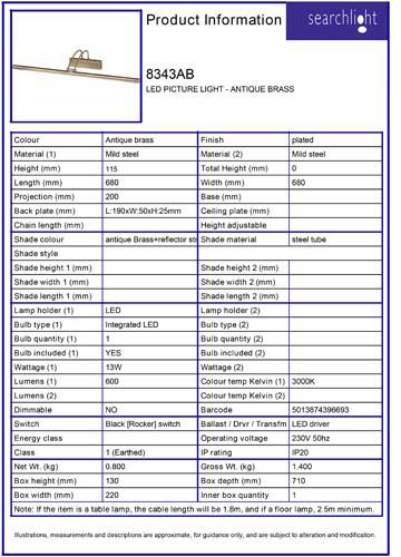 Vignette 3 produit Ref : 8343AB | MAJORCA LED PICTURE LIGHT - Laiton antiq