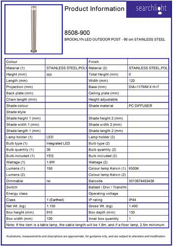 Vignette 3 produit Ref : 8508-900 | BROOKLYN LED OUTDOOR POST - 90 cm STAINL