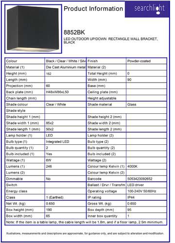Vignette 3 produit Ref : 8852BK | STIRLING EXTERIEUR LED UP/DOWN  RECTANGL