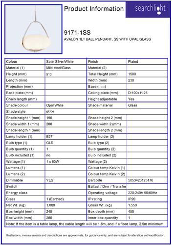 Vignette 3 produit Ref : 9171-1SS | AVALON 1LT BALL Suspension, SS AVEC MATT