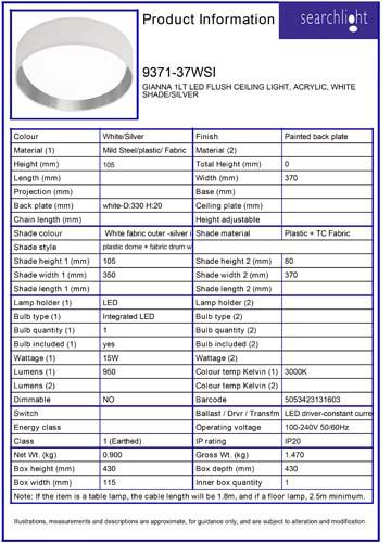 Vignette 3 produit Ref : 9371-37WSI | GIANNA 1LT LED Plafonnier CEILING LIGHT,