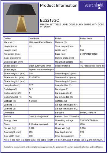 Vignette 3 produit Ref : EU2213GO | MALDON 1LT LAMPE A POSER, dore, ABATJOUR