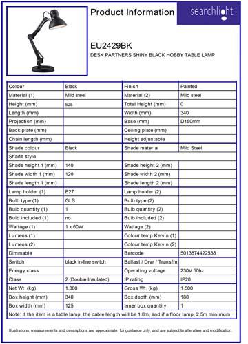 Vignette 3 produit Ref : EU2429BK | DESK PARTNERS SHINY NOIR HOBBY LAMPE A P