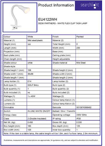Vignette 3 produit Ref : EU4122WH | DESK PARTNERS - Blanc FLEX CLIP TASK LAM