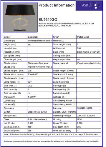 Vignette 3 produit Ref : EU5310GO | ROMAN LAMPE A POSER AVEC BASE MARBRE, do