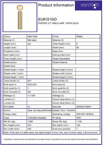 Vignette 3 produit Ref : EU6151GO | PORTER 1LT LAMPE A POSER - SATIN dore