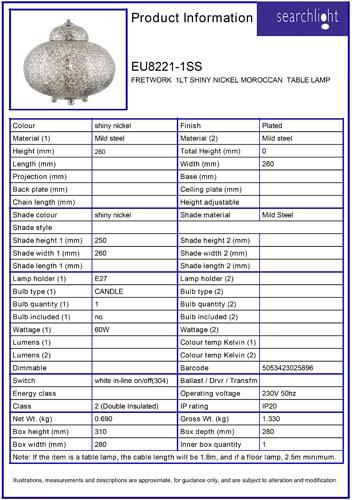 Vignette 3 produit Ref : EU8221-1SS | FRETWORK  1LT SHINY NICKEL MOROCCAN  LAM