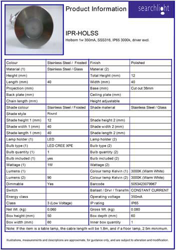 Vignette 3 produit Ref : IPR-HOLSS | Holborn 1w 350mA, SSS316, IP65 3000k, dr