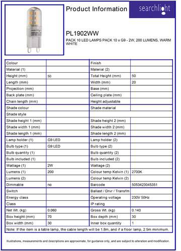 Vignette 3 produit Ref : PL1902WW | PACK 10 LED LAMPS PACK 10 x G9 - 2W, 200